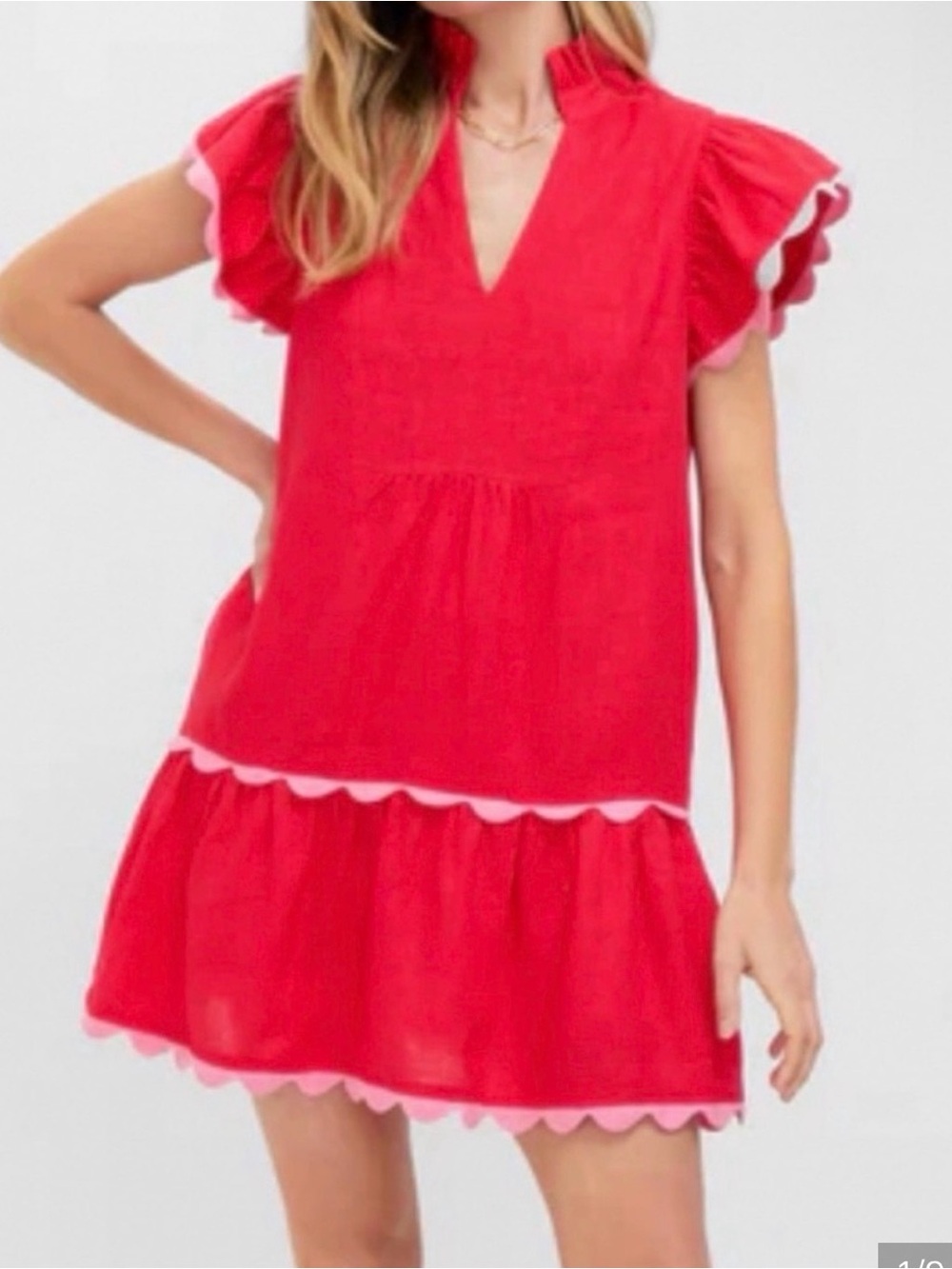 Tuckernuck Red linen Scallop-Trim Dress